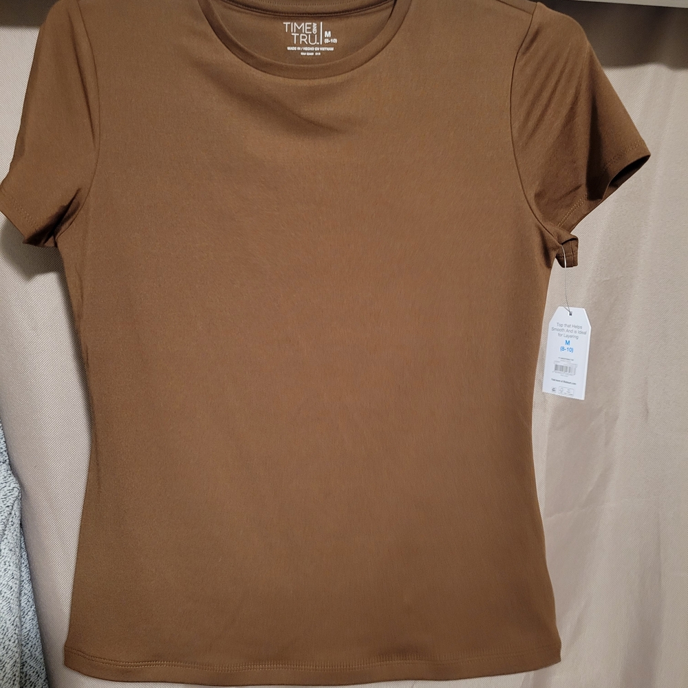 TIME AND TRU Women's Crew Neck Short Sleeve Top - Brown